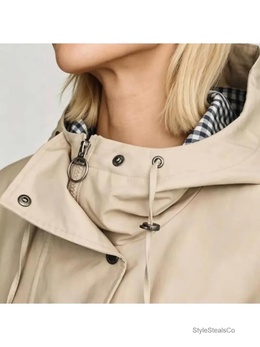 Womens Oversize Trench Coat Plaid Lining Hooded Zip Up Windbreaker
